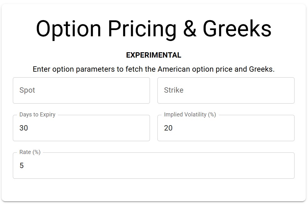Option Pricing & Greeks Calculator screenshot